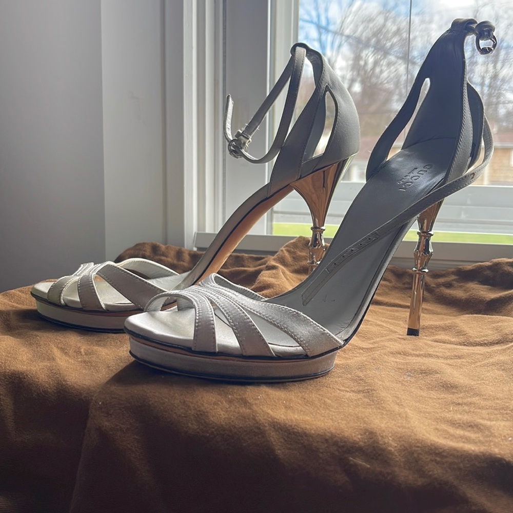 Authentic Gucci Silver Stiletto Strap Sandal with Bamboo Accent Heel